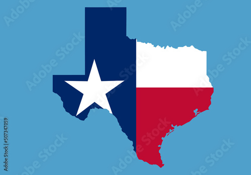 Mapa de Texas con su bandera sobre fondo azul. Silueta del mapa de Texas y bandera integrada