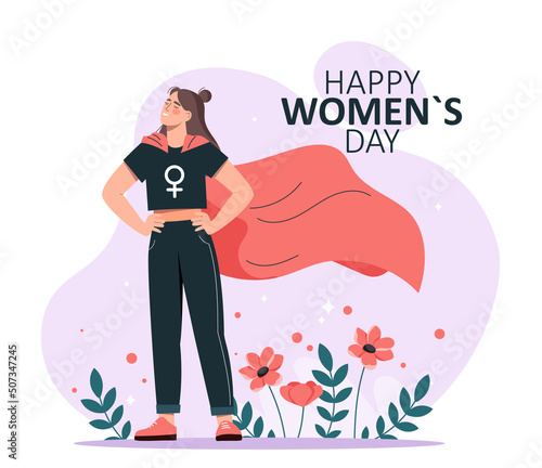 Happy Women Day. Smiling woman with gender sign on clothes and superhero cape surrounded by flowers. Equal rights and opportunities for girls. Greeting card design. Cartoon flat vector illustration.
