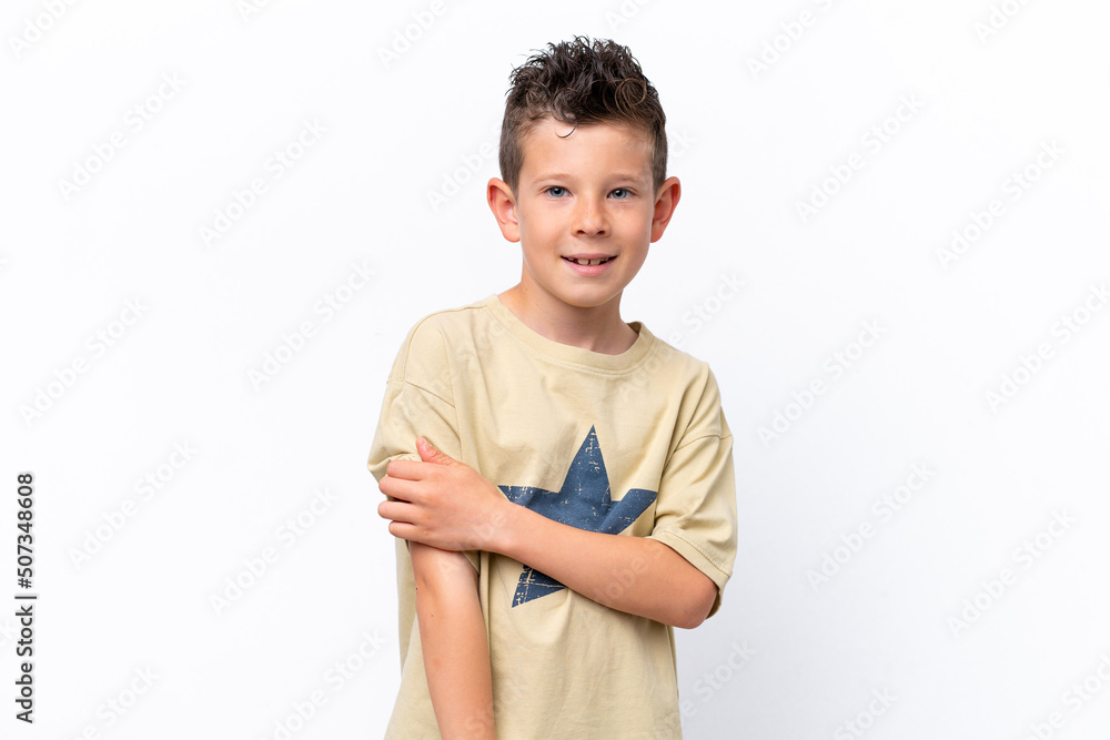 Little caucasian boy isolated on white background laughing Little caucasian boy isolated on white background laughing