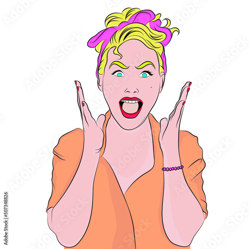 Woman scream, surprised woman with hands on her face.