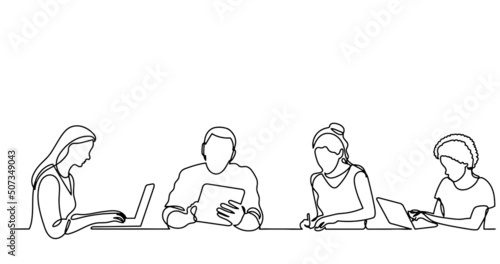 vector illustration of continuous line drawing of office workers at business meeting solving work tasks © OneLineStock