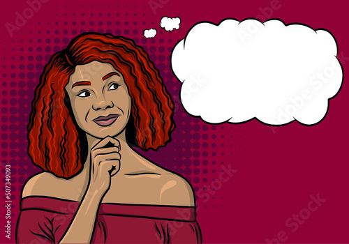 Vector illustration in pop art style. African American girl thinking on the magenta background with halftone dots and looking at text bubble