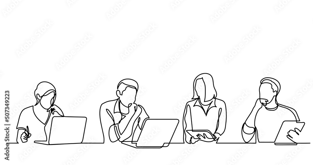 vector illustration of continuous line drawing of office workers at business meeting solving work tasks vector illustration of continuous line drawing of office workers at business meeting solving work tasks
