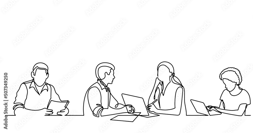 vector illustration of continuous line drawing of office workers at business meeting solving work tasks vector illustration of continuous line drawing of office workers at business meeting solving work tasks