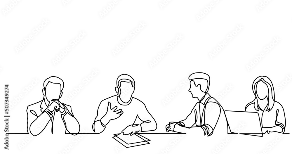vector illustration of continuous line drawing of office workers at business meeting solving work tasks vector illustration of continuous line drawing of office workers at business meeting solving work tasks
