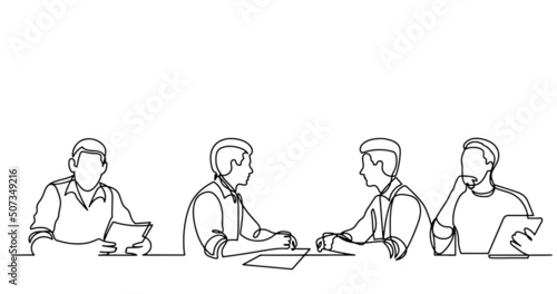vector illustration of continuous line drawing of office workers at business meeting solving work tasks