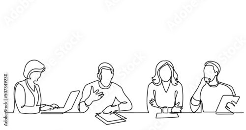 vector illustration of continuous line drawing of office workers at business meeting solving work tasks