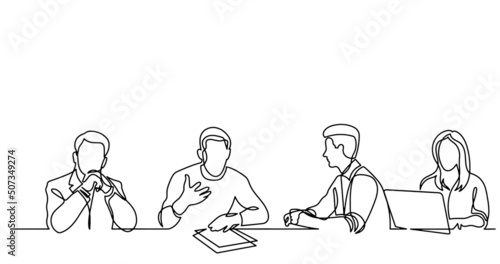 vector illustration of continuous line drawing of office workers at business meeting solving work tasks