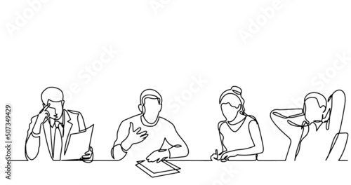 vector illustration of continuous line drawing of office workers at business meeting solving work tasks