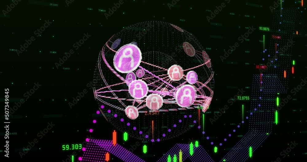 Animation of globe of connections over data processing on black background Animation of globe of connections over data processing on black background