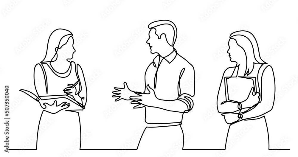 continuous line drawing of business people talking continuous line drawing of business people talking
