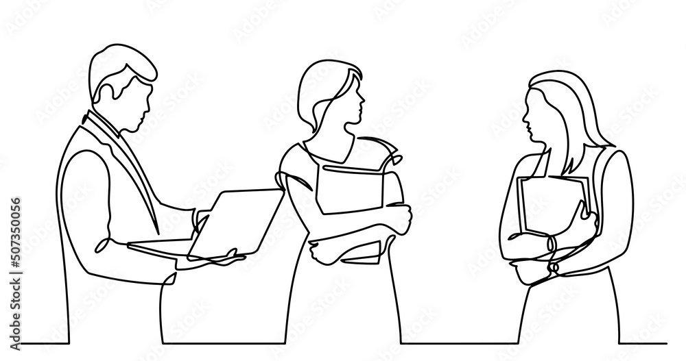 continuous line drawing of business people talking continuous line drawing of business people talking