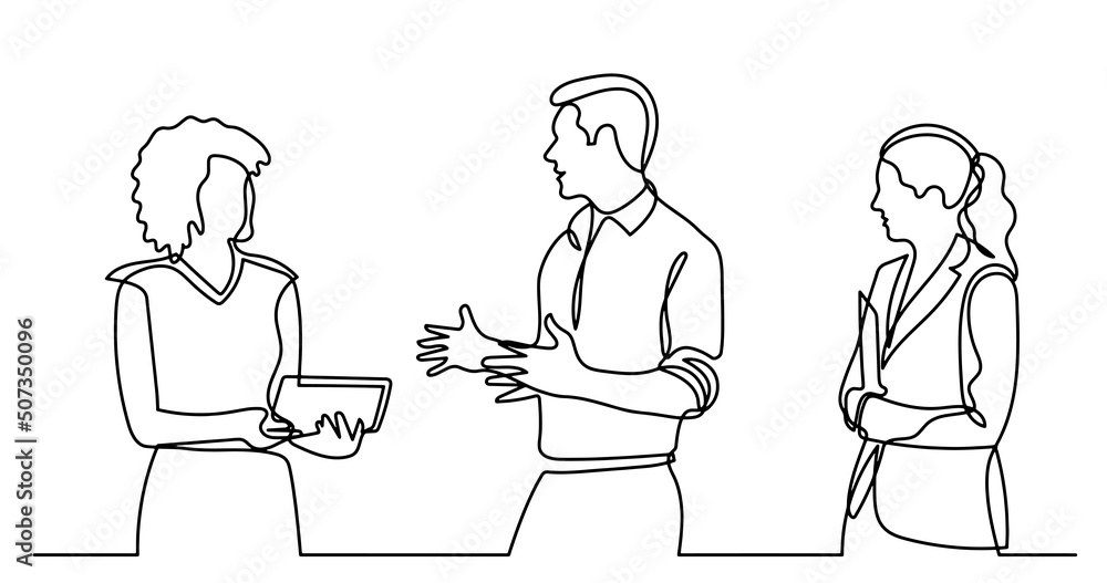 continuous line drawing of business people talking continuous line drawing of business people talking
