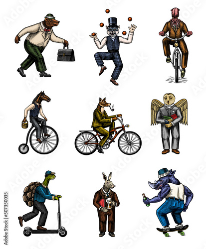 Fox on a bicycle, Cat juggler, turtle on a scooter. Bear, horse, hare, Owl, Squid. Fashion Animal characters set. Hand drawn sketch. Vector engraved illustration for label, logo and T-shirts.