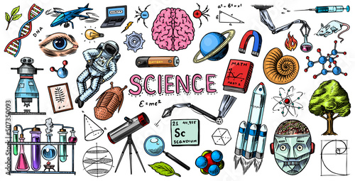 Science banner. Engraved hand drawn in old sketch and vintage style. Astronaut and rocket. Scientific formulas and calculations in physics and mathematics and biology or astronomy on whiteboard.