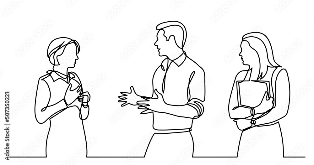 continuous line drawing of business people talking continuous line drawing of business people talking