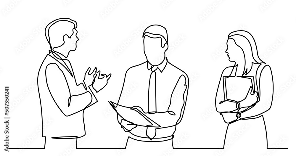 continuous line drawing of business people talking continuous line drawing of business people talking