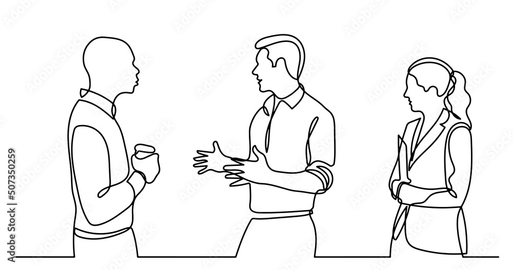 continuous line drawing of business people talking continuous line drawing of business people talking