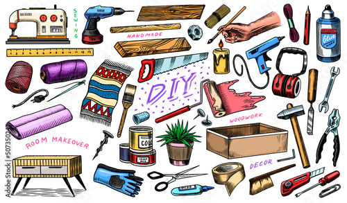 DIY icons. Hardware Shop concept. Glue, wood planks, sewing machine. Tools or instruments for home renovation. Banner poster template. Do it yourself. Engraved doodle vintage sketch hand drawn. 