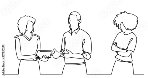 continuous line drawing of business people talking © OneLineStock