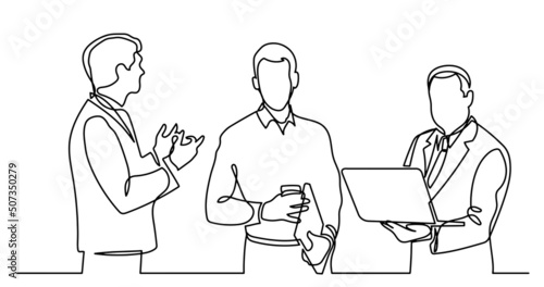 continuous line drawing of business people talking © OneLineStock