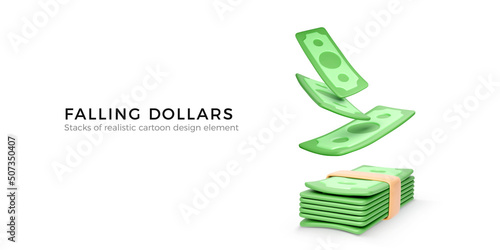 3D Green Dollars Falling to bundle of money. Paper bills in cartoon realistic style. Business design element for banner or poster