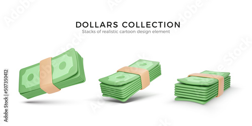 Heap of green dollar USA. Set of 3D render stack of money. Paper dollar banknote isolated on white background
