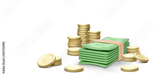 Stack of money in 3D realistic cartoon style. Green dollar bills and gold coins isolated on white background. Business object for banner