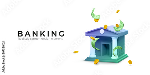 3D bank and falling green dollars and gold coins. Banner for banking app or service in realistic cartoon style