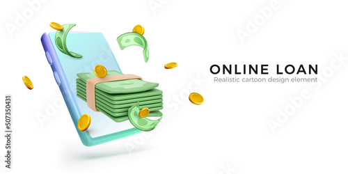 3D Mobile phone with falling green dollar stack and gold coins. Mobile app banner for online banking or loan service