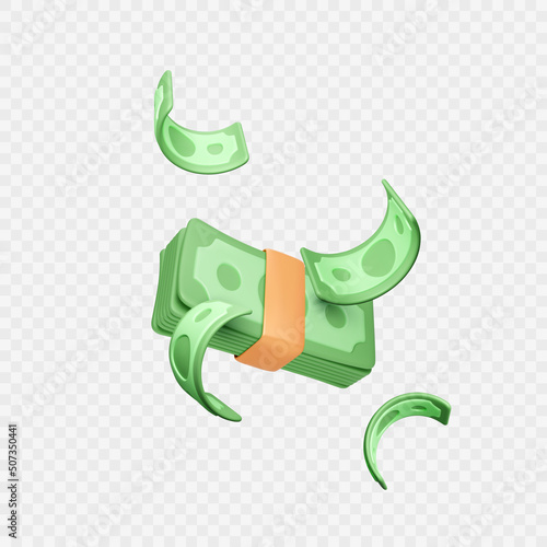 Wad of cash and falling green paper dollars. Falling money template in realistic cartoon style. Business profit or casino jackpot win