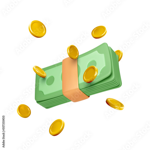 Money pack in 3D realistic cartoon style. Wad of cash and falling gold coins. Business profit or casino jackpot win