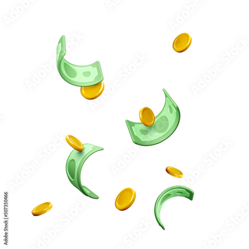 Falling 3D money. Gold coins and green paper dollars. Casino win or business success background. Realistic  cash in cartoon style