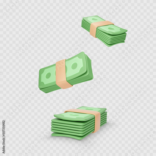 Stack of money. Green dollar bundle. Paper Currency in cartoon realistic style