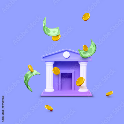 3d bank building and falling coins and paper currency. 3d realistic bank icon isolated on purple