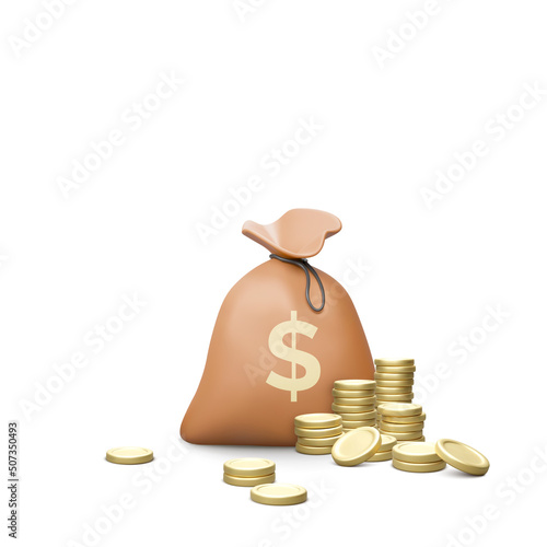 Money bag with dollar sign and gold coins stack. 3D realistic business cartoon design element