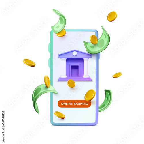 3D mobile phone with business app. Falling coins and dollars. Online banking concept or exchange service