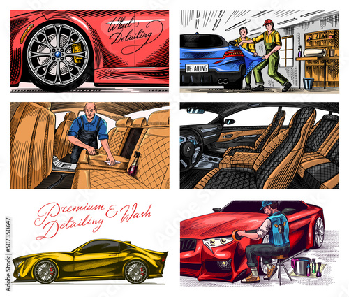 leather car seat. Auto detailing. Dry cleaning motor. Wrapping Specialist Putting Vinyl Foil Film. Vehicle service or Automobile center. A man vacuuming the interior. Hand drawn sketch line. 