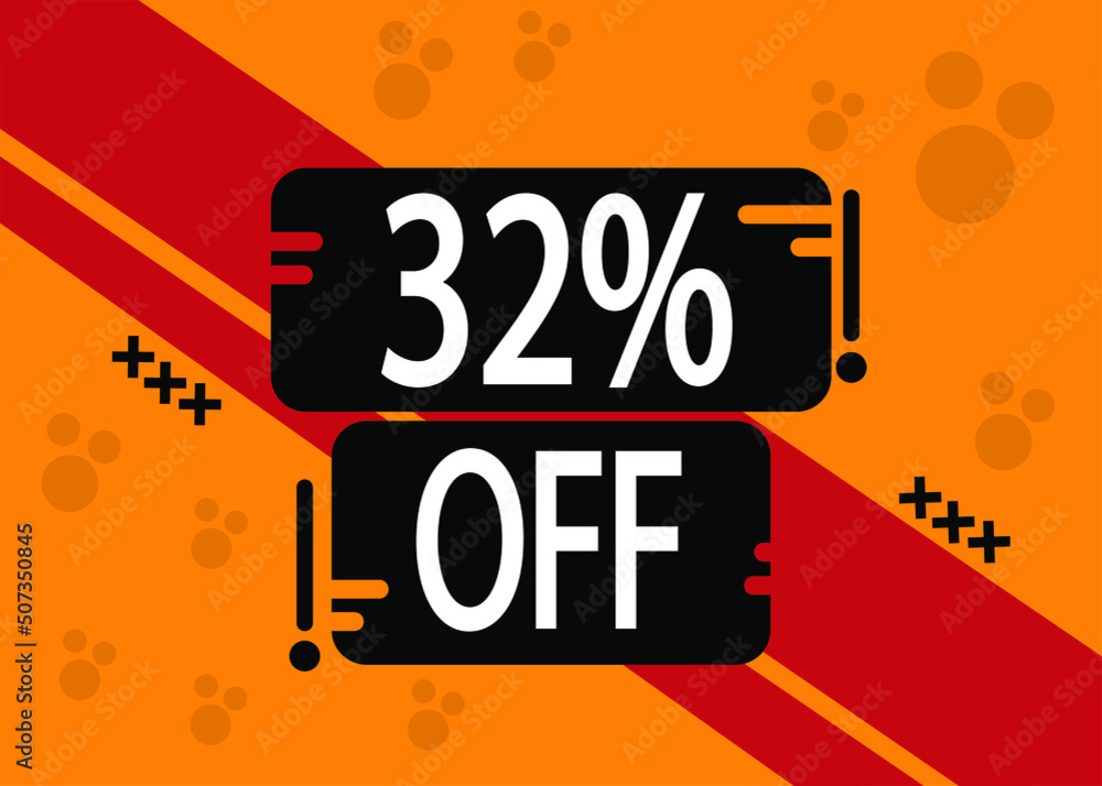 32% off for special sale, red and black squares with yellow background. 32% off for special sale, red and black squares with yellow background.