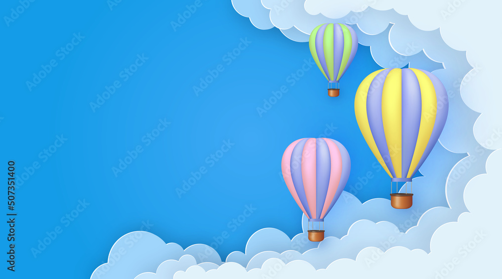 Beautiful 3d balloons flying on blue sky with paper clouds. Beautiful 3d balloons flying on blue sky with paper clouds.