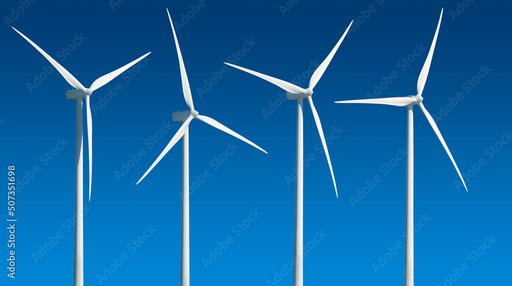 Wind turbines in a row isolated on blue gradient background Wind turbines in a row isolated on blue gradient background