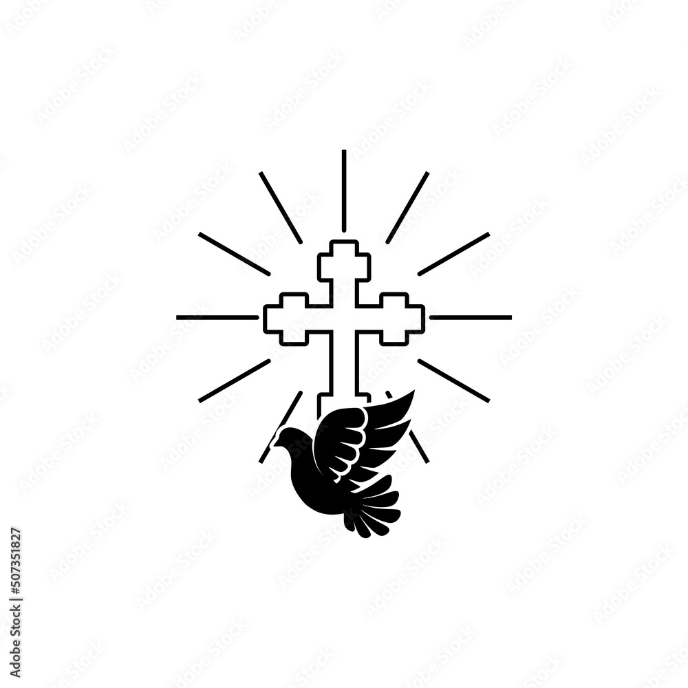 Christianity catholic cross and pigeon bird flying icon isolated on white background Christianity catholic cross and pigeon bird flying icon isolated on white background