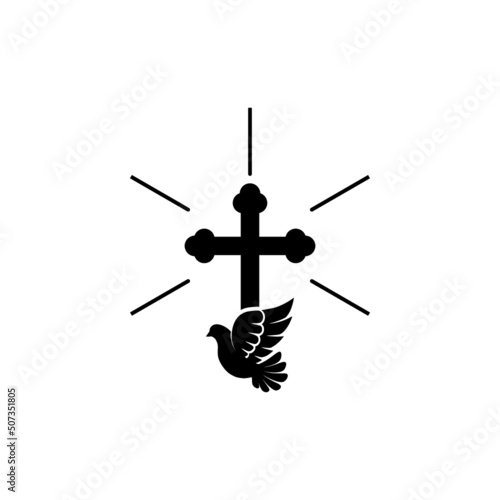 Christianity catholic cross and pigeon bird flying icon isolated on white background