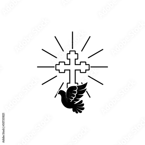 Christianity catholic cross and pigeon bird flying icon isolated on white background