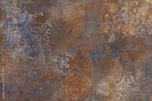 Obraz Old brown gray rusty vintage worn geometric shabby mosaic ornate patchwork motif porcelain stoneware tiles stone concrete cement wall texture background