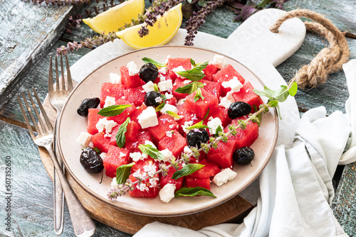 Watermelon Salad with Feta,olives and Mint