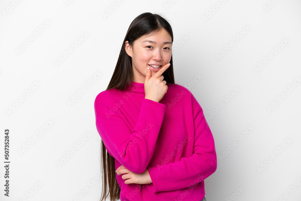 Young Chinese woman isolated on white background happy and smiling Young Chinese woman isolated on white background happy and smiling