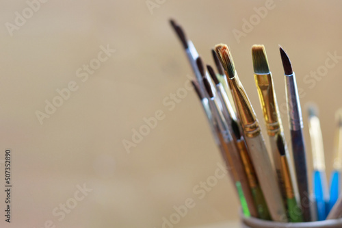 Brushes for paint artist close-up. hobby art