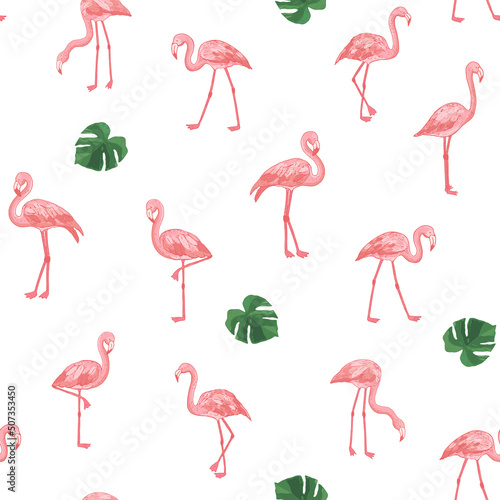 Flamingo with palm tree leaves seamless vector pattern © GooseFrol