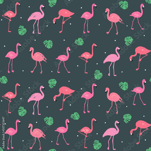 Flamingo with palm tree leaves seamless vector pattern